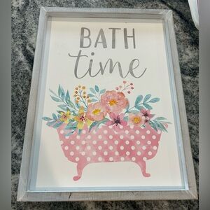 Bath Time Tub Floral Flower Bathroom Picture Decor - Gray Frame - 12.5” x 16.5”